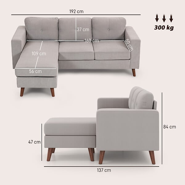 HOMCOM - Canapé d'angle 3 places design velours côtelé piètement effet bois tissu gris clair - large