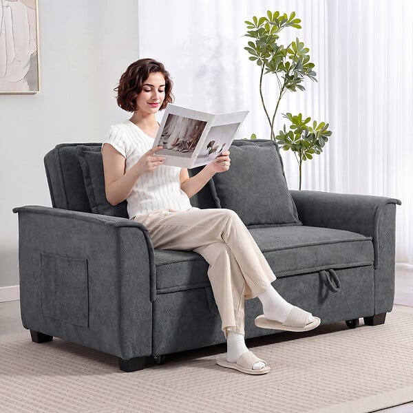 HOMCOM - Canapé convertible 2 places 2 coussins chenille gris foncé - large