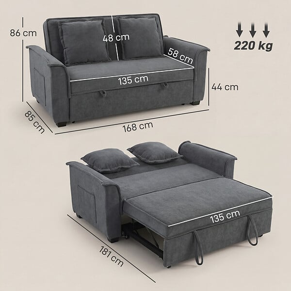 HOMCOM - Canapé convertible 2 places 2 coussins chenille gris foncé - large