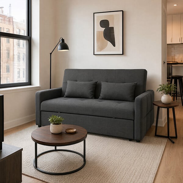 HOMCOM - Canapé convertible 2 places dossier inclinable 3 positions pans latéraux effet capitonné 2 coussins tissu anthracite - large
