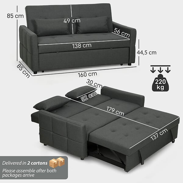 HOMCOM - Canapé convertible 2 places dossier inclinable 3 positions pans latéraux effet capitonné 2 coussins tissu anthracite - large