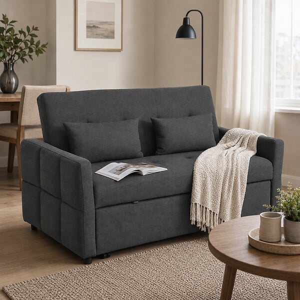 HOMCOM - Canapé convertible 2 places dossier inclinable 3 positions pans latéraux effet capitonné 2 coussins tissu anthracite - large