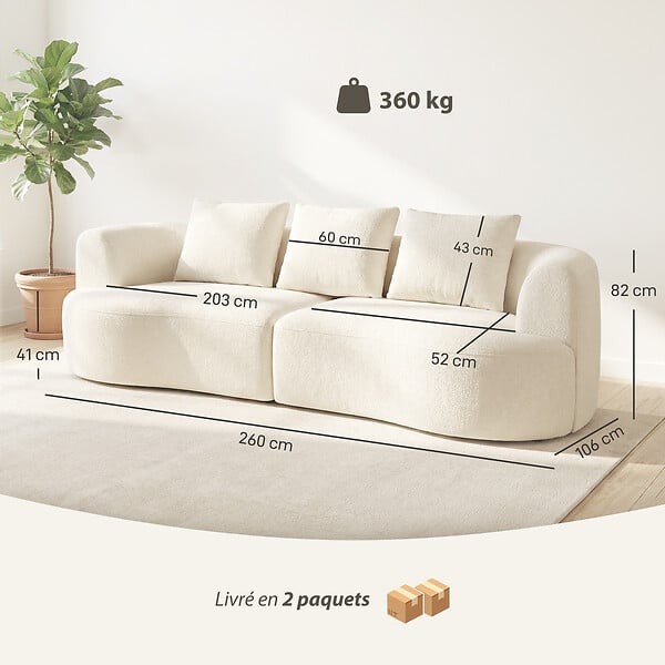 HOMCOM - Canapé 3 places design lignes arrondies tissu chenille effet côtelé crème - large