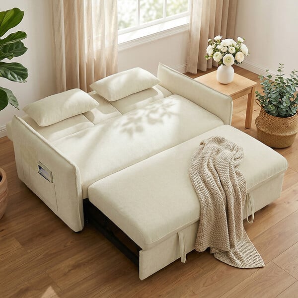 HOMCOM - Canapé convertible 2 places inclinable porte-gobelets chenille beige - large