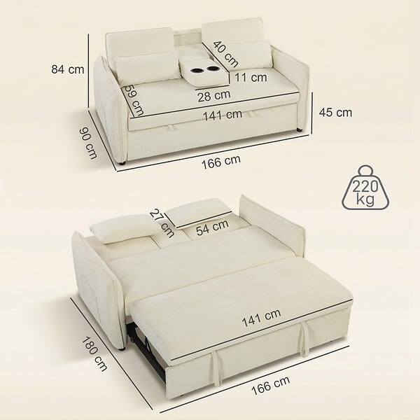 HOMCOM - Canapé convertible 2 places inclinable porte-gobelets chenille beige - large