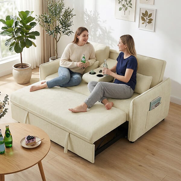 HOMCOM - Canapé convertible 2 places inclinable porte-gobelets chenille beige - large
