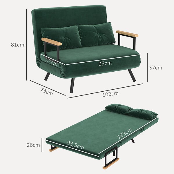 HOMCOM - Canapé convertible 2 places canapé-lit dossier réglable 5 niv. 2 coussins revêtement effet velours vert sapin - large
