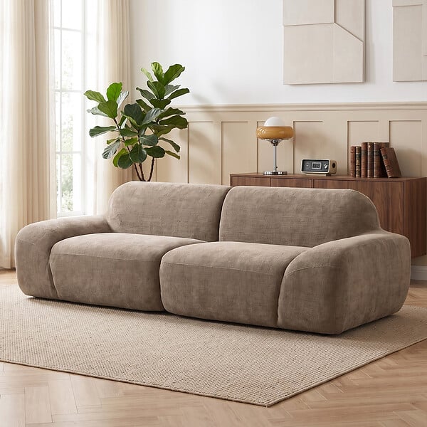 HOMCOM - Canapé design arrondi 3 places larges accoudoirs tissu chenille marron - large