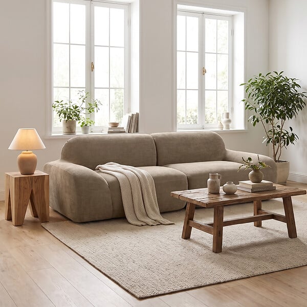 HOMCOM - Canapé design arrondi 3 places larges accoudoirs tissu chenille marron - large