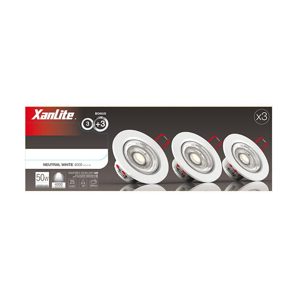 XANLITE - Pack 3 spots LED intégrés encastrables orientables, 5,6W chacun, équivalent 50W, 345 lm, angle 36°, blanc neutre, 4000K, classe énergétique A+, 6 anneaux interchangeables blanc et silver Fournissez vo - large