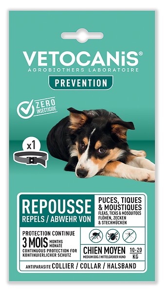 VETOCANIS - Collier antiparasitaire pour chien 10-20 kg - 60cm - Noir - large