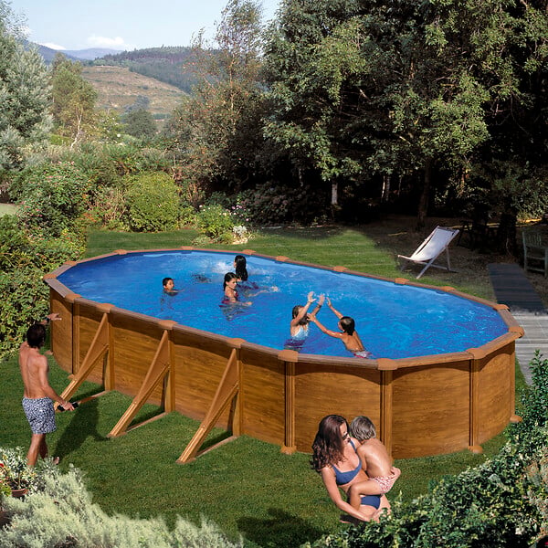 GRE - Piscine ovale acier 7,44x3,99x H1,32m - Imitation bois - large