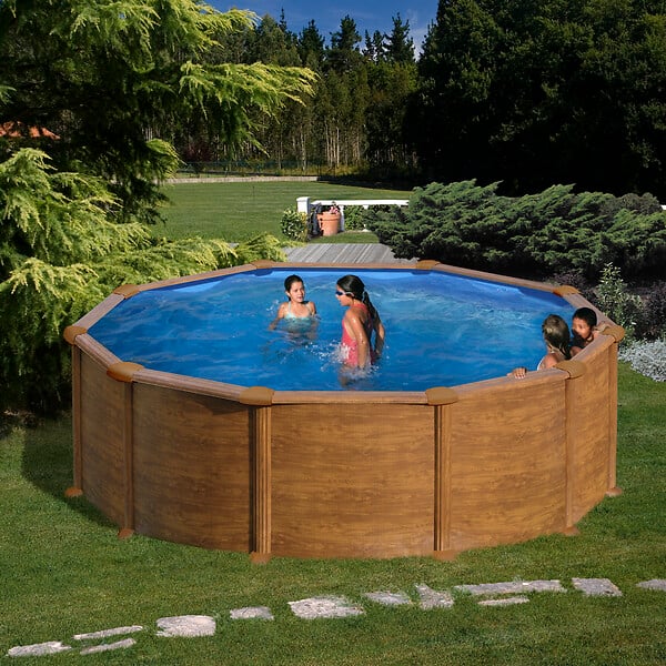 GRE - Piscine ronde acier d.4,80m x H. 1,32m - imitation bois - large