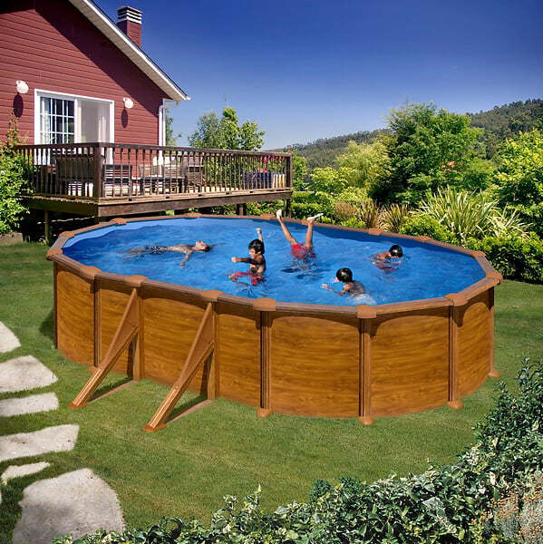GRE - Piscine ovale acier imitation bois - L.527xH.132xl.327cm - large