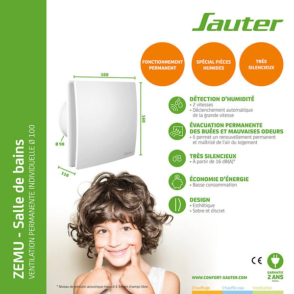 SAUTER - Aérateur extracteur d'air silencieux salle de bain - 15 à 55m3-h - large