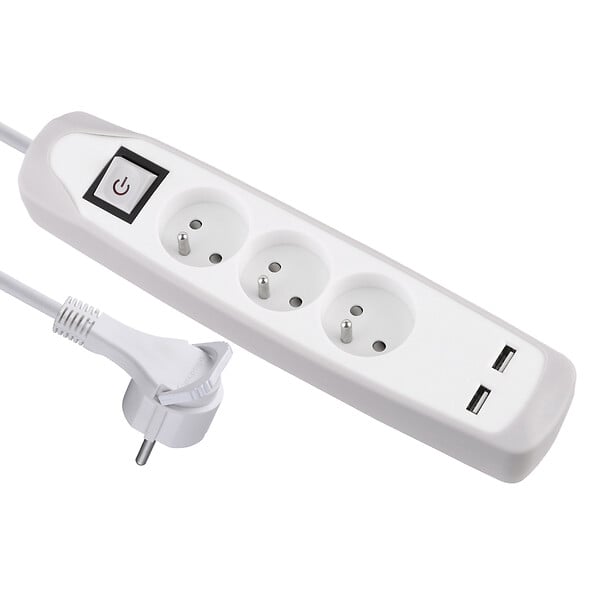 MC KENZIE - Bloc multiprises 3 prises avec terre et 2 USB - Blanc et gris - L1,5m - large
