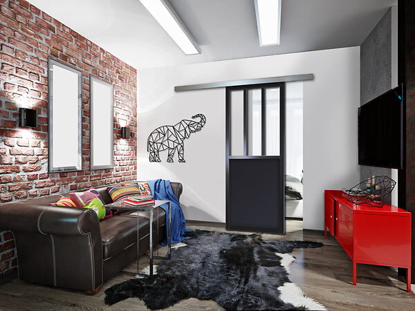 SKYLAB - Porte coulissante Atelier - MDF - Noir et effet métal - 83x204cm - large