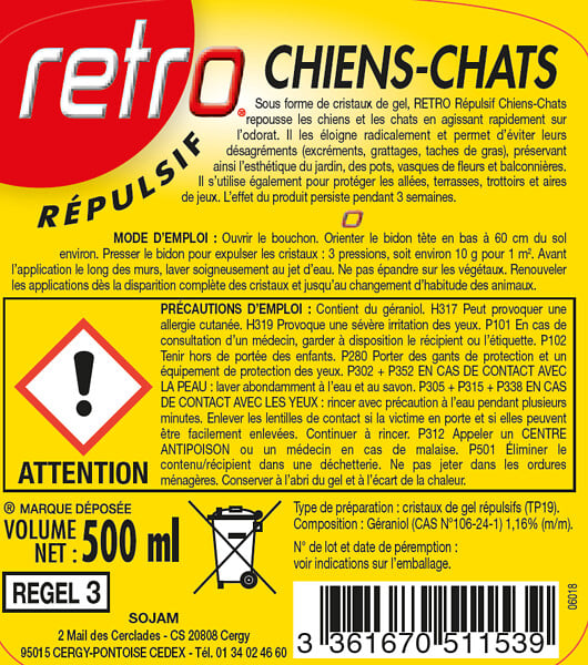 RETRO - Cristaux de gel répulsif chiens chats - 500 g - 3 semaines - large