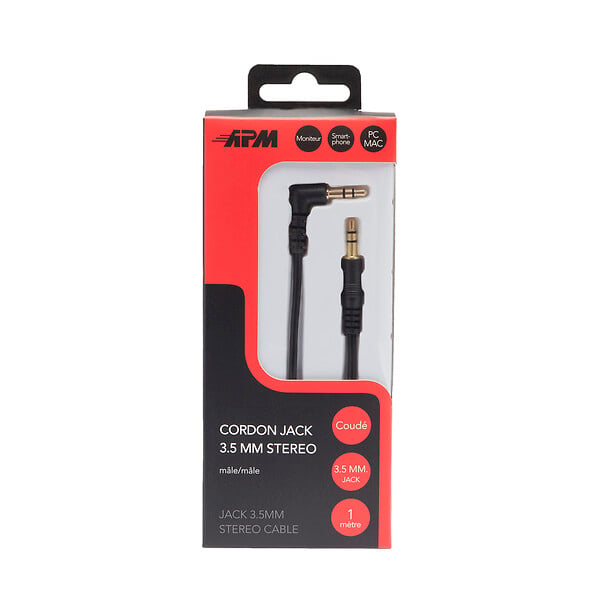 APM - Câble audio jack 3.5mm - Stéréo mâle coudé/droit - Noir - 1m - large