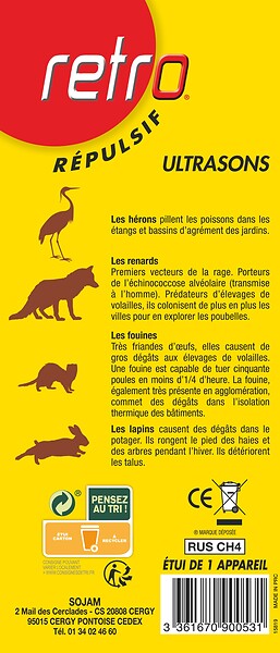 RETRO - Répulsif à ultrasons pour animaux - 200m² - 6 fréquences - large