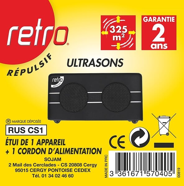 RETRO - Répulsif ultrasons souris rats chauves-souris - 325m² - large