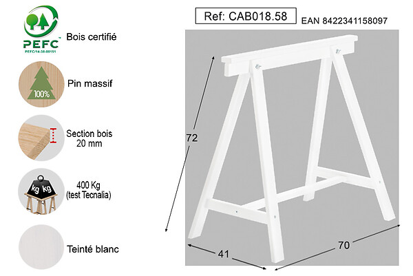 ASTIGARRAGA KIT LINE - Tréteau déco blanc pin massif - 72x70x41cm - large