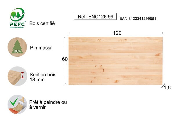 ASTIGARRAGA KIT LINE - Plateau pin massif 120x60cm épaisseur 18mm - large