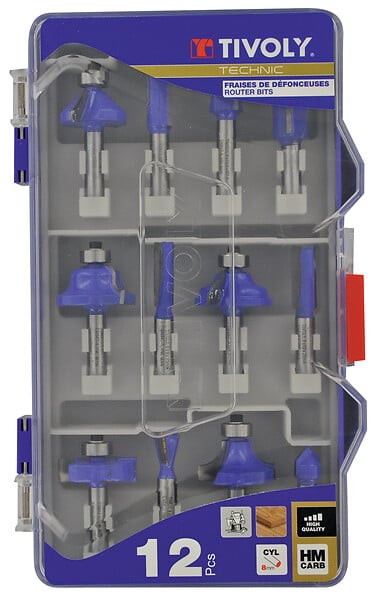 TIVOLY - Coffret de 12 fraises de défonceuse avec queue de 8mm - large