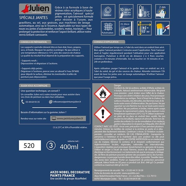 JULIEN - Peinture aerosol Special Jantes - Gris - Brillant - 400ml - large