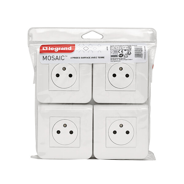 LEGRAND - Lot de 4 prises de courant Surface Mosaic blanc complet avec plaque - large