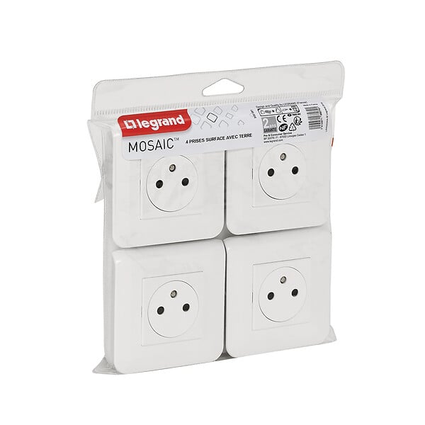 LEGRAND - Lot de 4 prises de courant Surface Mosaic blanc complet avec plaque - large