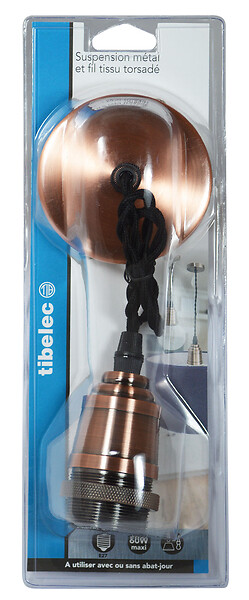 TIBELEC - Suspension métal E27 et fil tissu noir - large