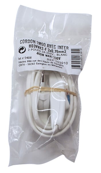 TIBELEC - Cordon h03vvh-2f avec inter & fiche longueur 1m50 bc - large