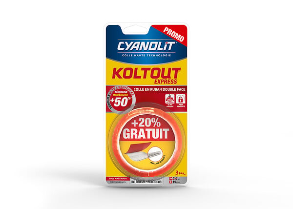 CYANOLIT - Ruban adhésif double face Koltout Express - 2,5 m x 19 mm - large