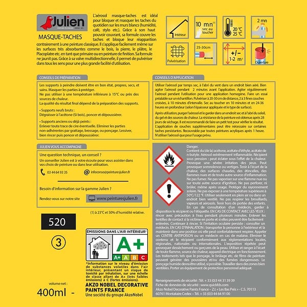 JULIEN - Peinture aerosol Masque tâches - Blanc - Mat - 400ml - large