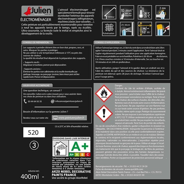 JULIEN - Peinture aerosol Electromenager - Noir - Brillant - 400ml - large