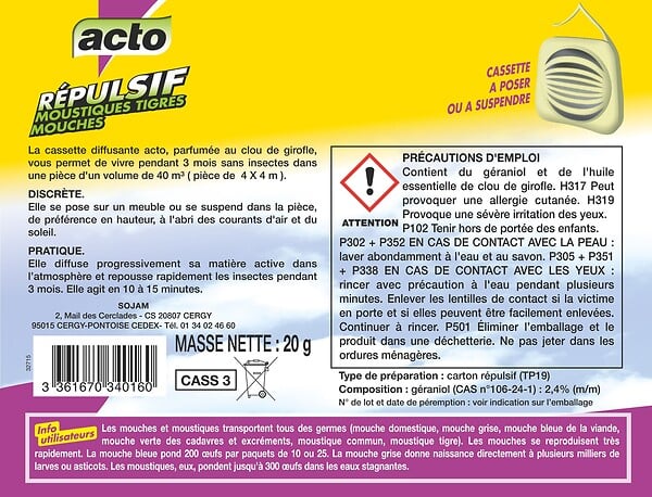 ACTO - Cassette répulsive mouches - moustiques 20gr - large