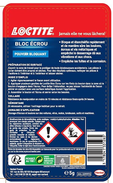 LOCTITE - Colle Spécialités Matériaux Bloc écrou 5ml - large