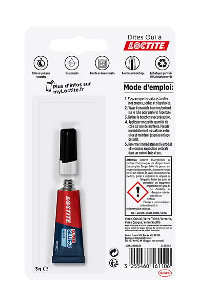 LOCTITE - Colle cyanoacrylate spéciale verre - Tube 3g - Transparent - large