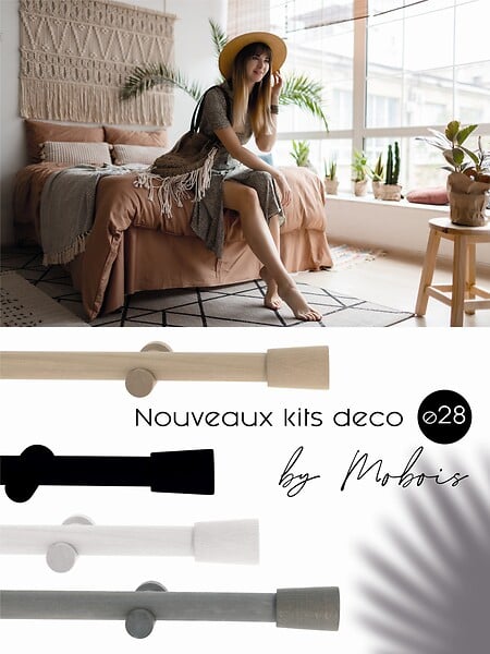 MOBOIS - Kit tringle à rideaux bois - Blanc laqué - Diam.28mm - L.200cm - large