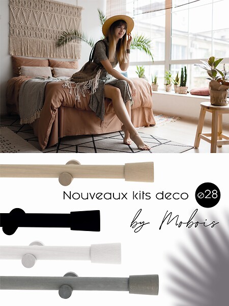 MOBOIS - Kit tringle à rideaux bois moderne - Noir mat - L.200cmx28mm - large
