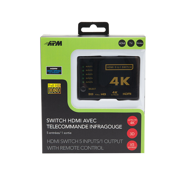 APM - Switch hdmi 5 entrees 1 sortie compatible 3d full hd avec telecommande - large