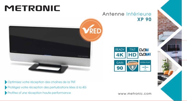 METRONIC - Antenne d'intérieur XP 90 amplifiée et extra plate - noire - large