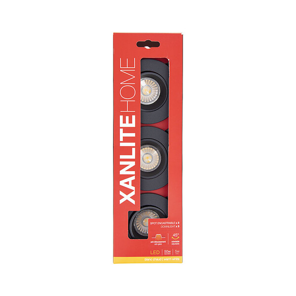 XANLITE - Pack de 3 spots encastrables ronds orientables noirs, culot GU10, puissance max 50W, orientation 45°, lumière blanc chaud 2700 K, indice IP20, usage intérieur - large