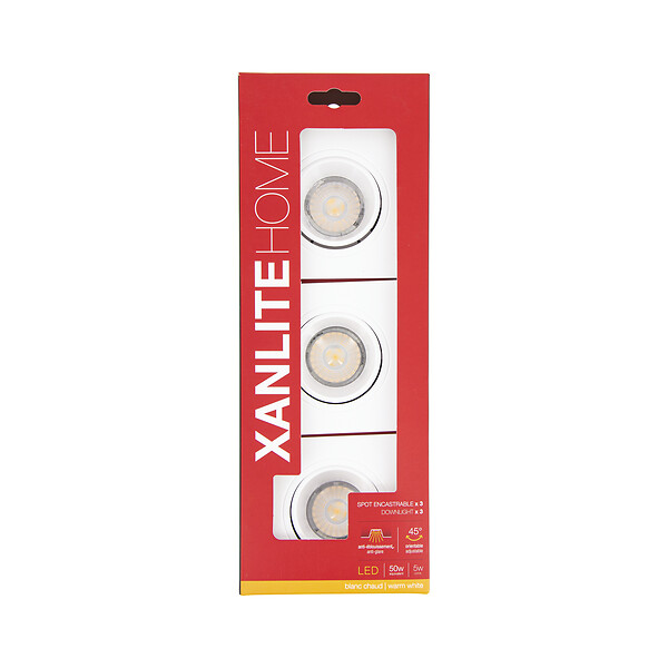 XANLITE - Pack de 3 spots encastrables carrés orientables blancs, culot GU10, puissance max 50W, orientation 45°, lumière blanc chaud 2700 K, indice IP20, usage intérieur - large