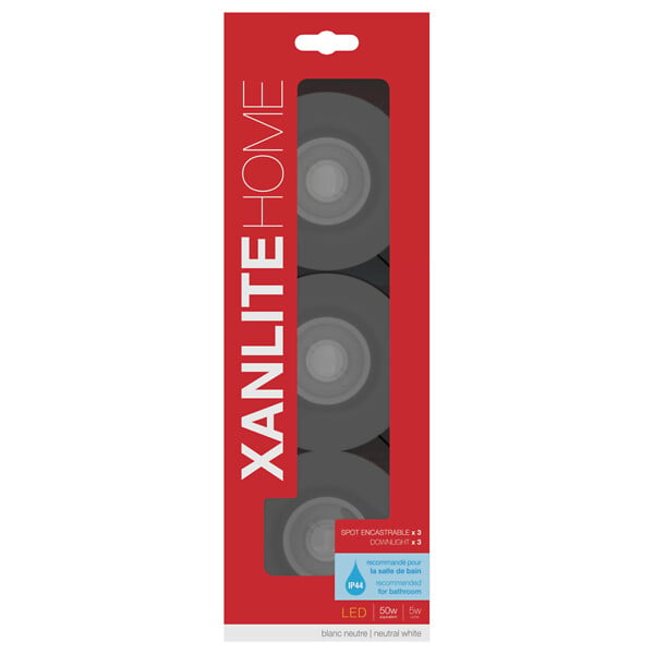 XANLITE - Pack de 3 spots encastrables ronds noirs, culot GU10, puissance max 50W, lumière blanc neutre 4000 K, indice IP44, compatible salle de bain, usage intérieur - large