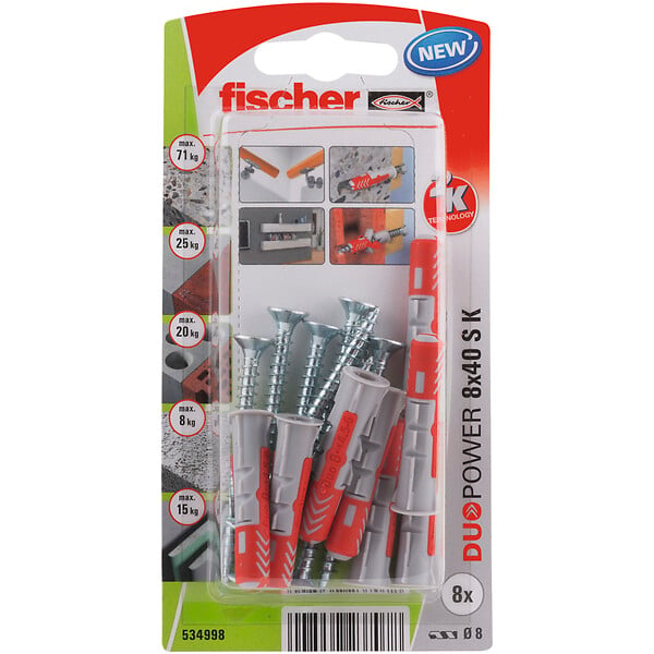 FISCHER - Blister de 8 chevilles tous matériaux DUOPOWER 8x40mm + vis - large