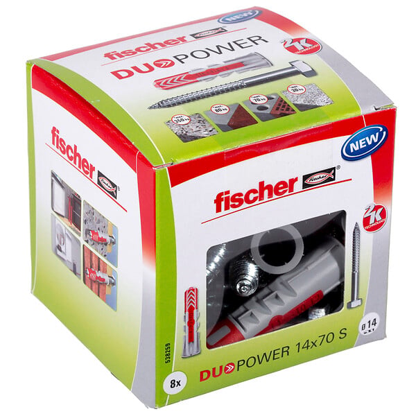 FISCHER - Boîte de 8 chevilles tous matériaux DUOPOWER 14x70mm + vis - large
