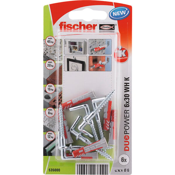 FISCHER - Blister 6 chevilles tous matériaux DUOPOWER 6x30mm + crochets - large