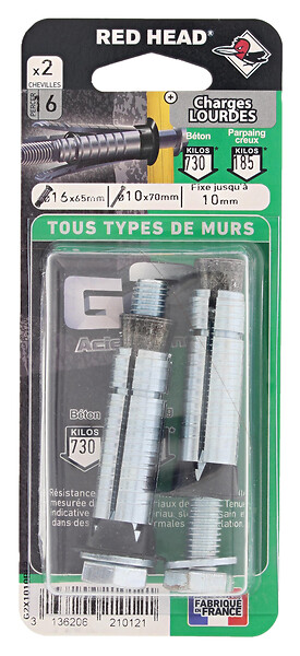 RED HEAD - Blister de 2 chevilles G2X 16x65mm + vis TH 10x70mm - large